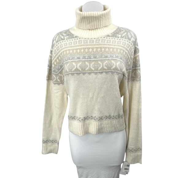 NEW French Connection Cream Gray Fair Isle Long Sleeve Turtleneck Sweater Top M - Picture 1 of 5